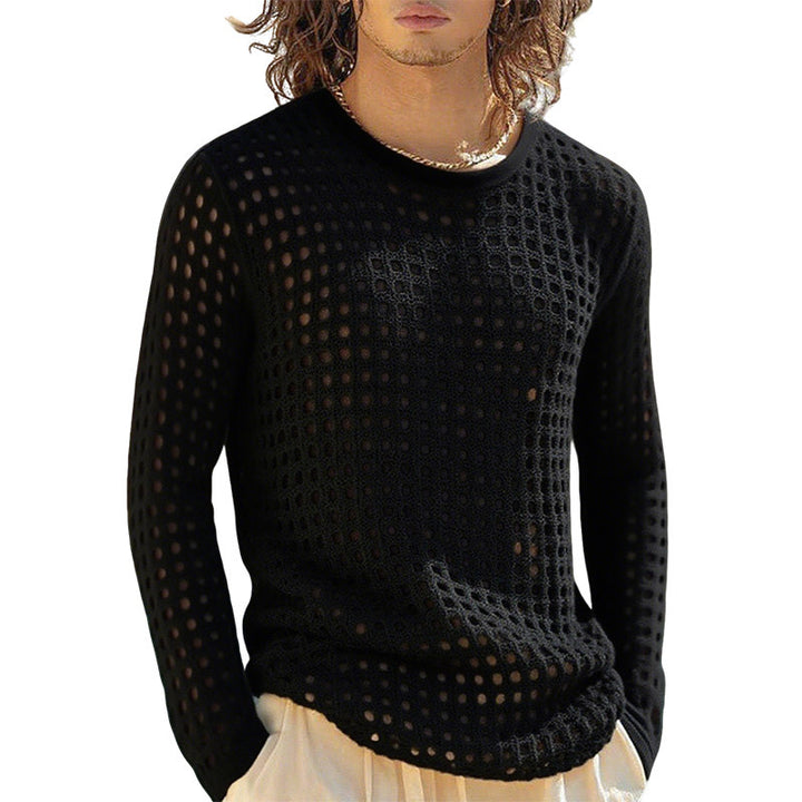 Herren nan luftiger durchbrochener Strickpullover mit quadratischem Netzmuster und Rundhalsausschnitt Drune