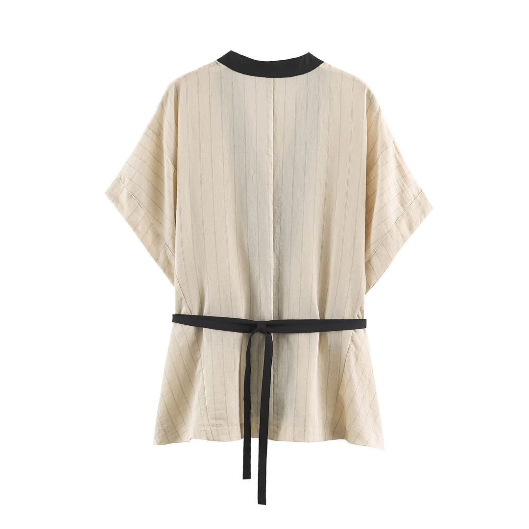 Damen Kimono-Wrap-Bluse mit Kontrastbesatz und Taillengürtel Drune