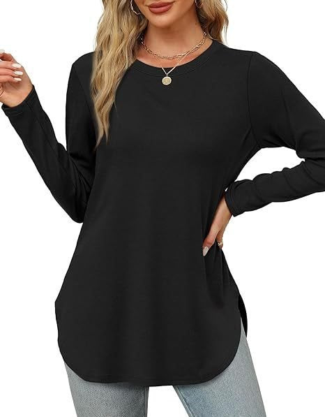 Damen Lässiges Longsleeve-Tunikaoberteil mit Rundhalsausschnitt, Seitenschlitzen und Aquarell-Blattprint Drune