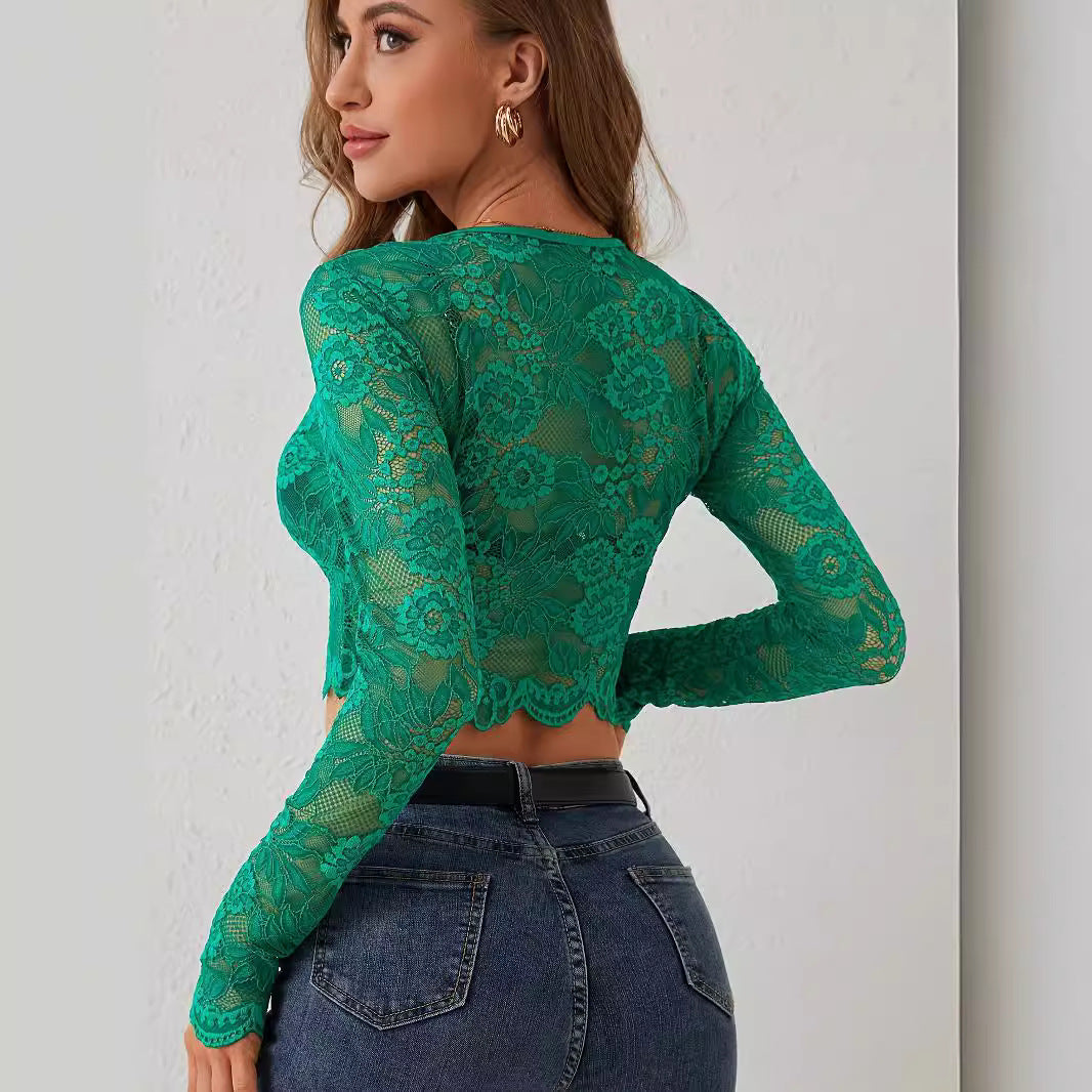 Damen nan kurz geschnittenes florales Spitzen-Crop-Top mit Rundhalsausschnitt, langen Ärmeln und gewelltem Saum Drune