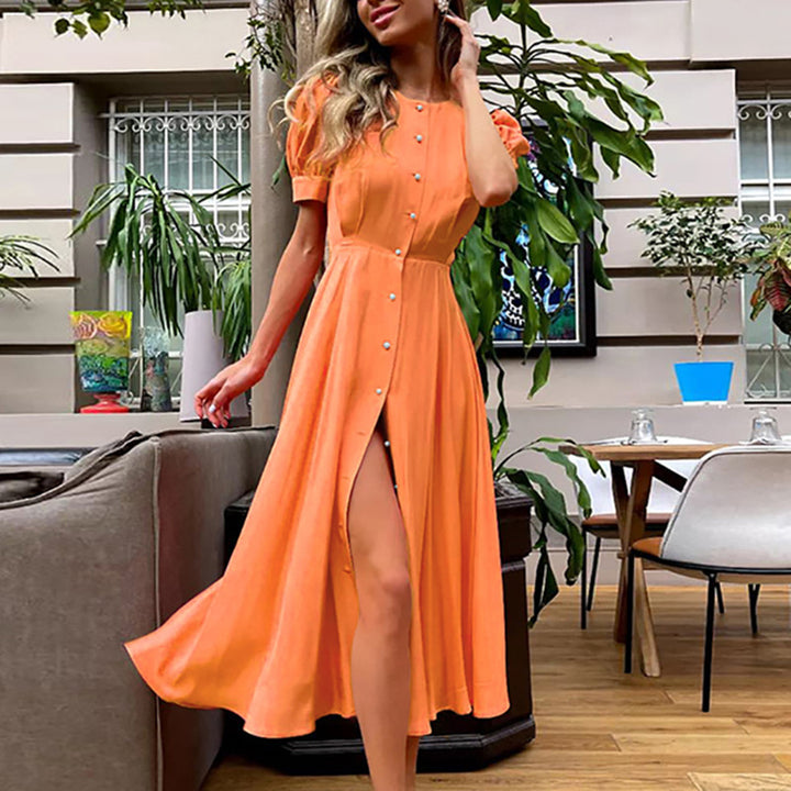 Damen Knielanges Hemdblusenkleid mit Knöpfen und seitlichem Schlitz Drune