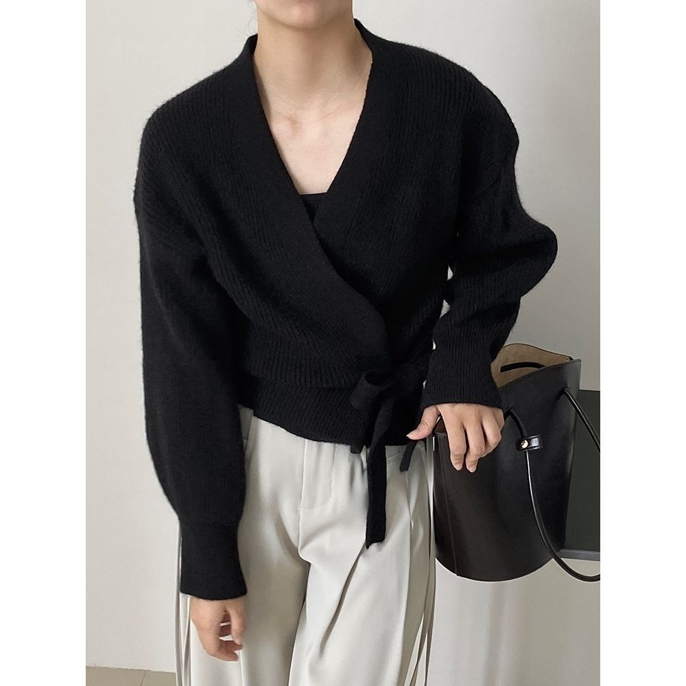Damen eleganter Wickelpullover mit V-Ausschnitt und Taillenzug Drune