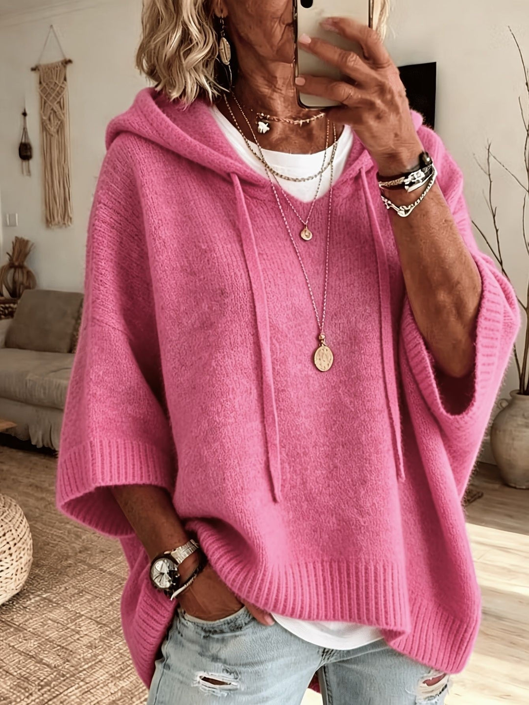 Damen Oversize Kapuzen‑Strickponcho mit halblangen Ärmeln und Blockstreifen Drune