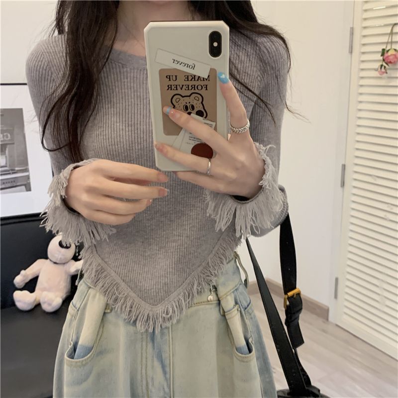 Damen Strickpullover mit Fransen Drune