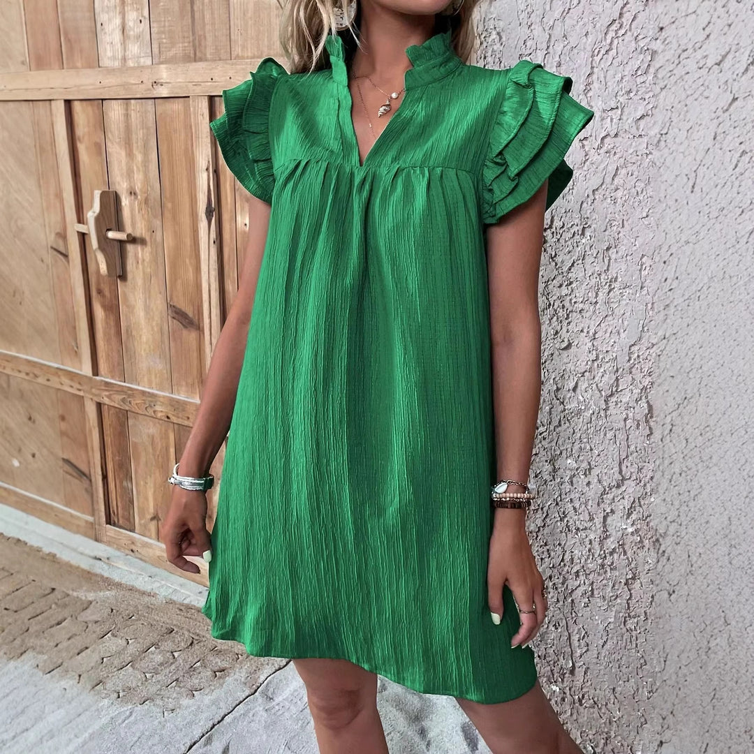 Damen Crinkle-Minikleid mit Stehkragen, V-Ausschnitt und Volantärmeln Drune