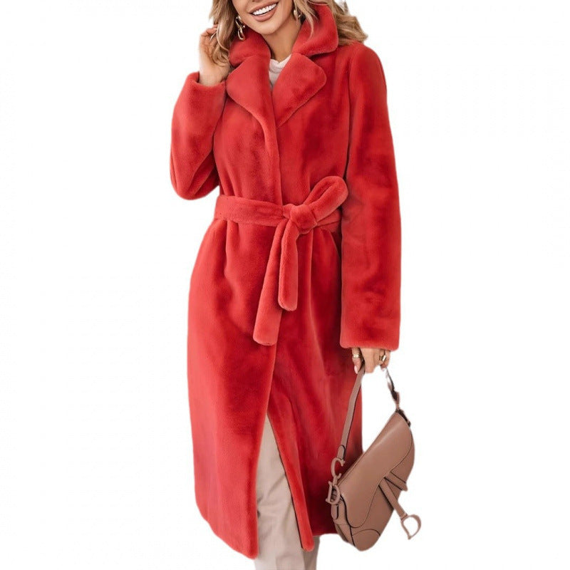 Damen Langer Fleece-Mantel mit elegantem Kragen und schlanker Silhouette Drune