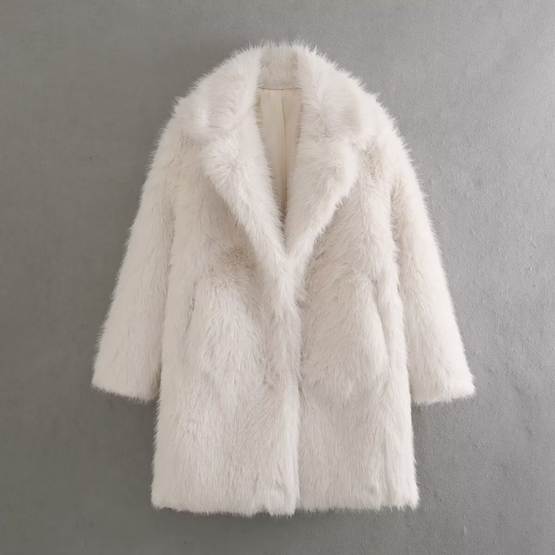 Damen nan luxuriöser Kunstfellmantel mit Schalkragen, mittellanger Silhouette und verdeckten Eingrifftaschen Drune