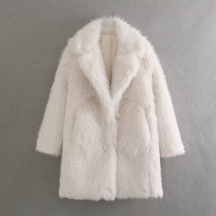 Damen nan luxuriöser Kunstfellmantel mit Schalkragen, mittellanger Silhouette und verdeckten Eingrifftaschen Drune