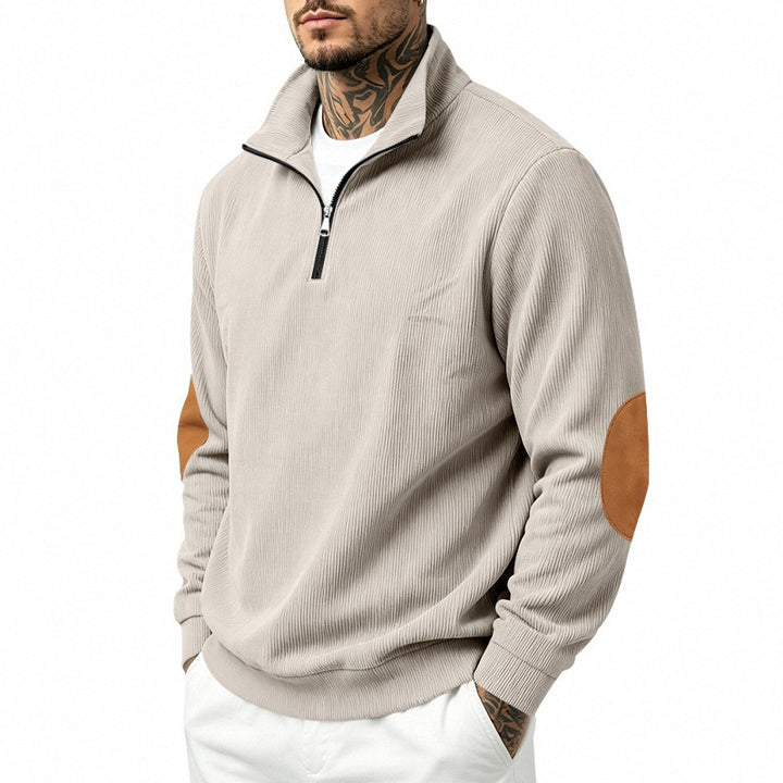 Herren Feinstrick-Halbzip-Pullover mit Cordstruktur und Kontrast-Ellbogenpatch Drune