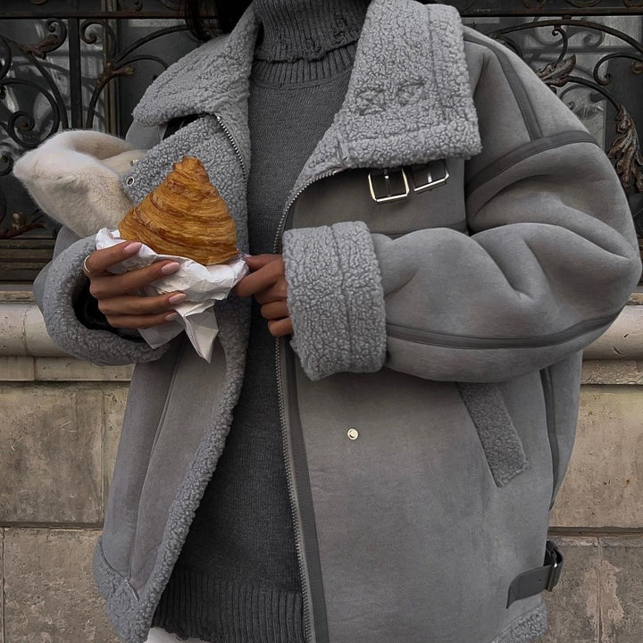 Damen Weit geschnittene Lammfellimitat-Fliegerjacke mit Kunstfellfutter Drune