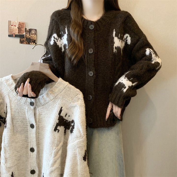 Damen Gemusterter Strickcardigan mit tierischem Motiv und bequemen Oversized-Schnitten Drune