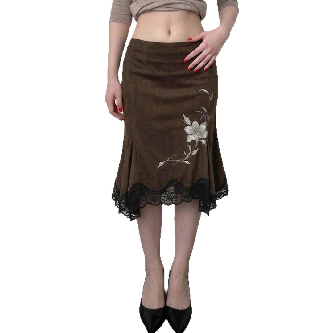 Damen Midirock aus Velourslederimitat mit floraler Stickerei und Spitzenbesatz Drune