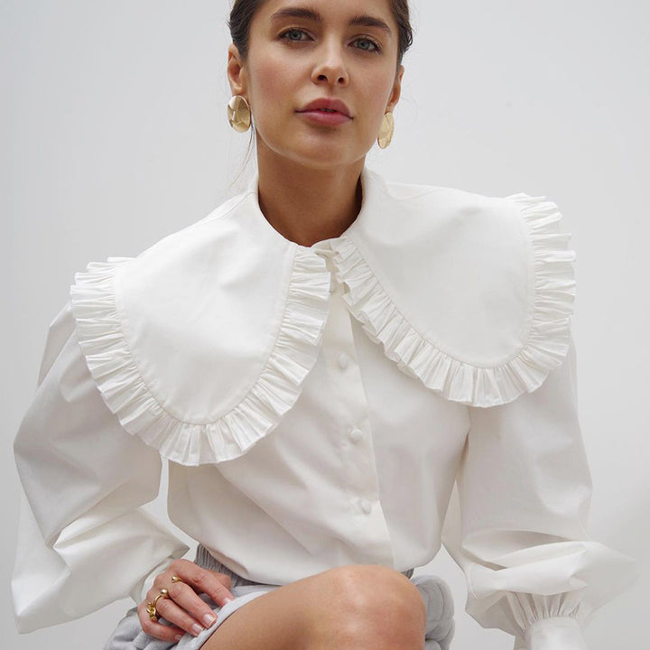 Damen Elegante Bluse mit voluminösen Ärmeln und Rüschensaum Drune