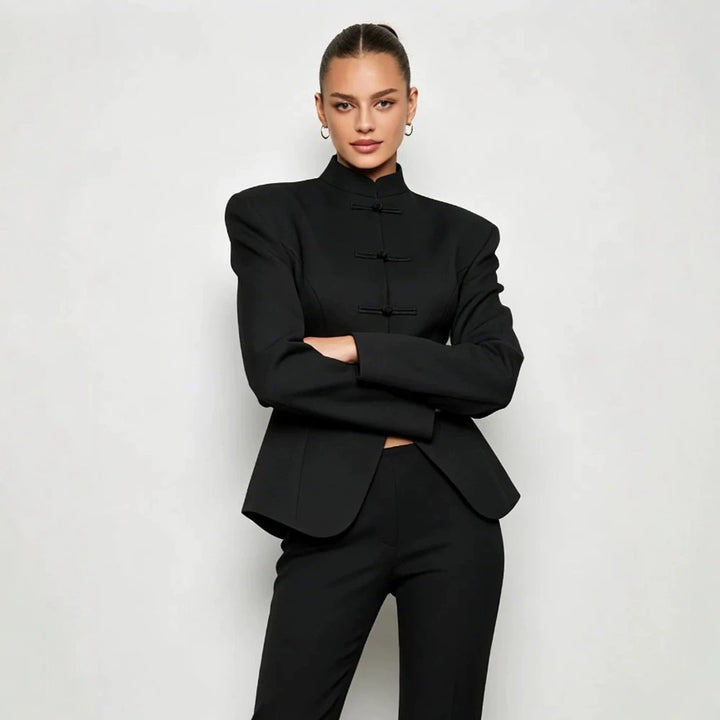 Damen Sculpted‑Blazer mit Stehkragen, dekorativen Knotenverschlüssen und taillierter Silhouette Drune