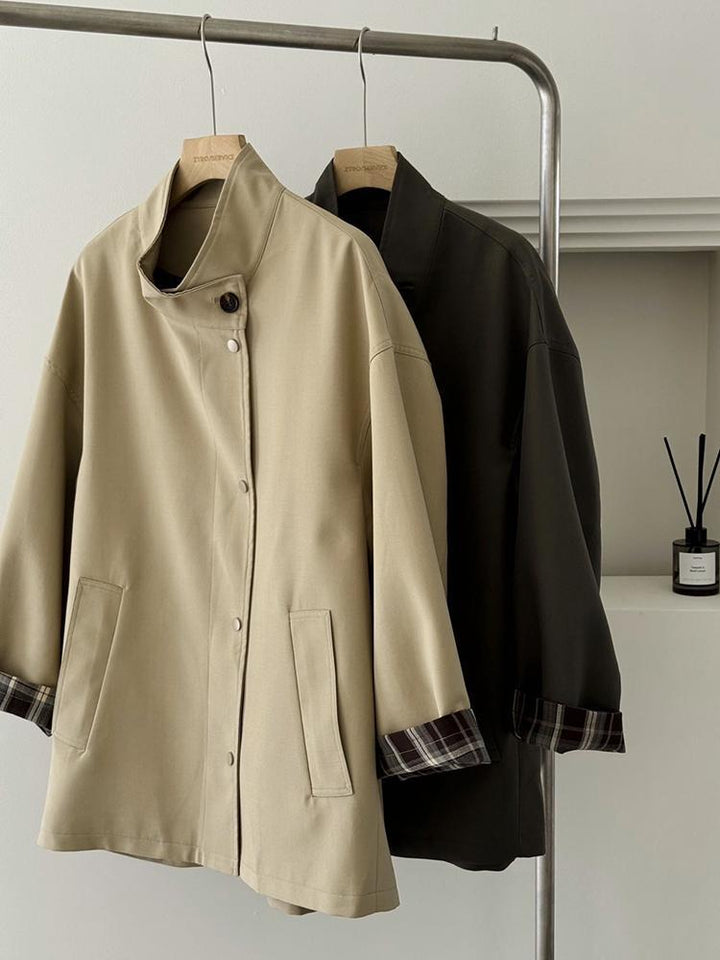 Damen Oversized Kurzmantel mit Stehkragen und kariertem Ärmelfutter Drune