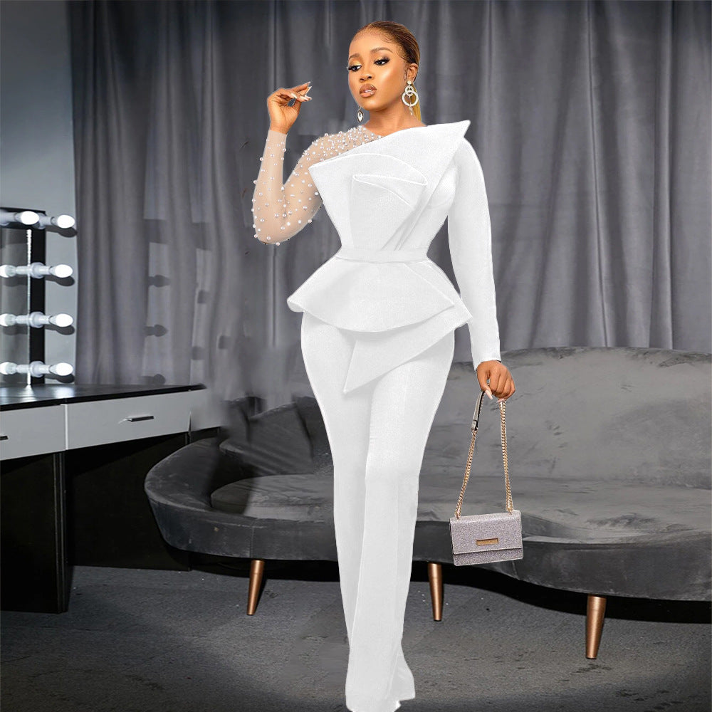 Damen eleganter Jumpsuit mit asymmetrischem Oberteil und raffiniertem Rüschendesign Drune