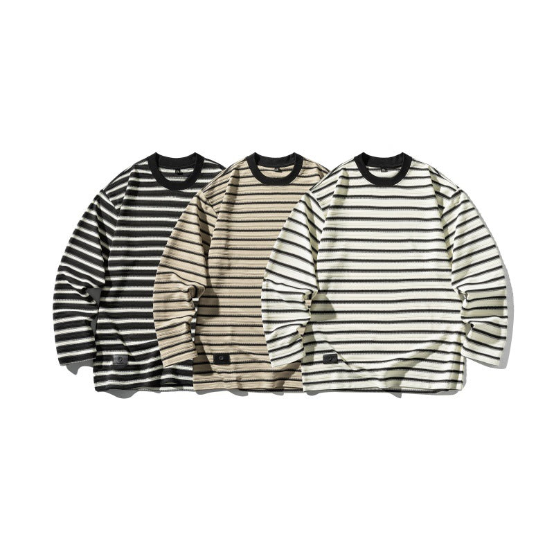 Unisex Gestreiftes Oversize-Langarmshirt aus Baumwollmix mit geripptem Rundhals Drune