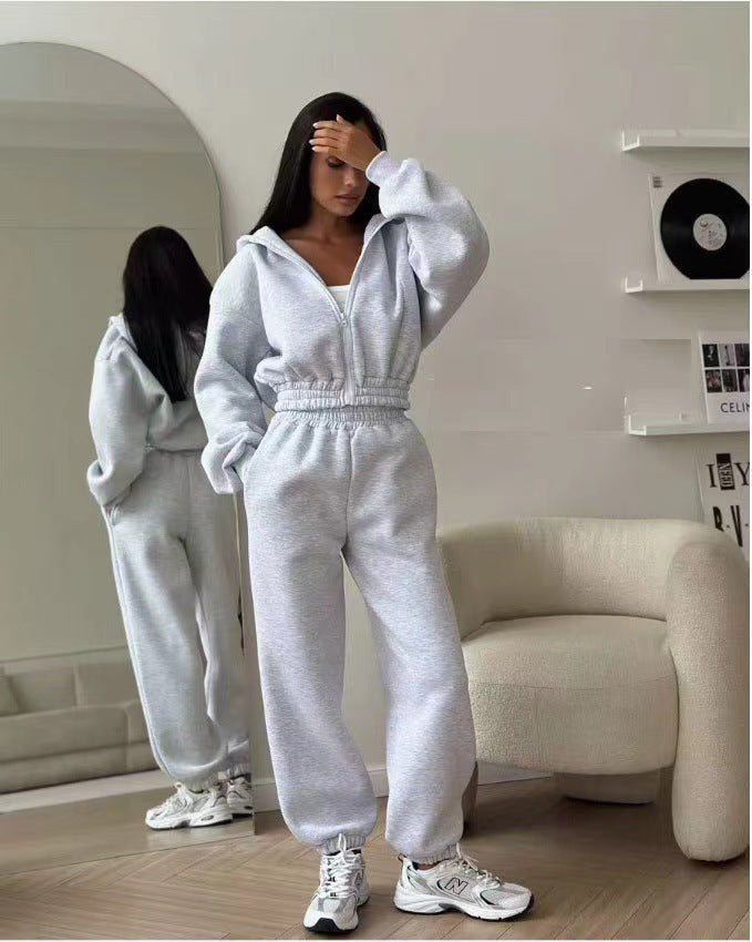 Damen kuscheliger Zip-Hoodie und Jogginghose Set Drune