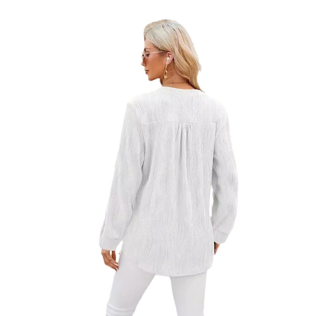 Damen Langarm Bluse mit klarer Struktur und Knopfdetails Drune