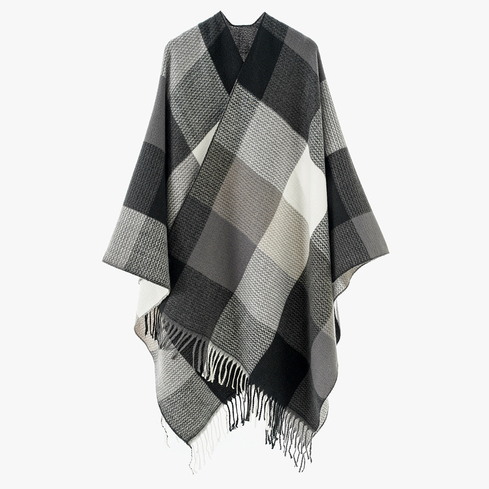 Damen Weichfallender Oversize-Poncho im Plaid-Webmuster mit V-Kragen und Fransensaum Drune