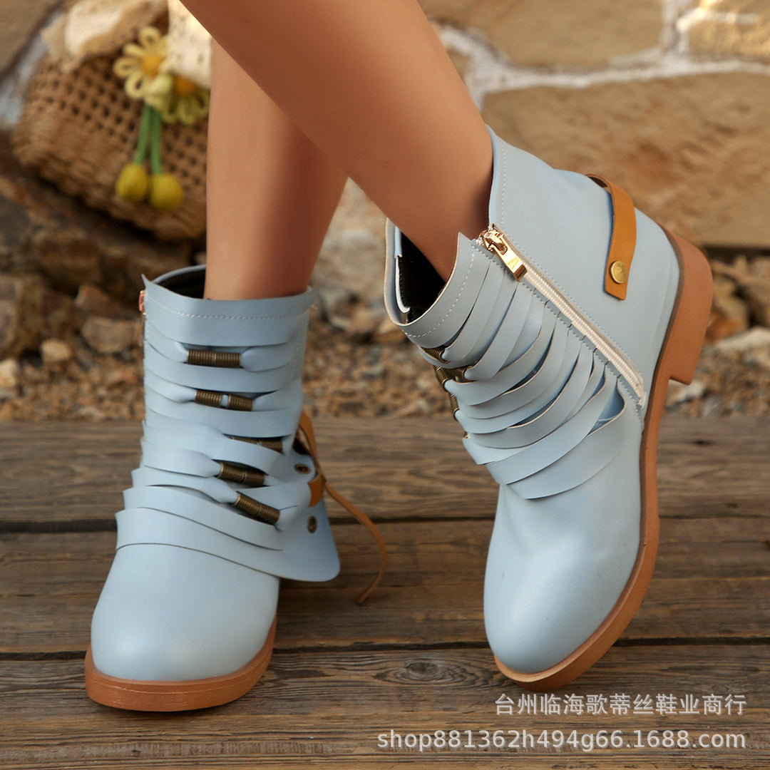 Damen Fransen-Ankle-Boots mit geschichteten Riemen und seitlichem Reißverschluss Drune