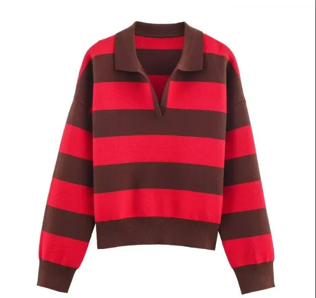 Damen nan oversized Rugby-Pullover mit Polokragen, V-Ausschnitt und breiten Streifen Drune