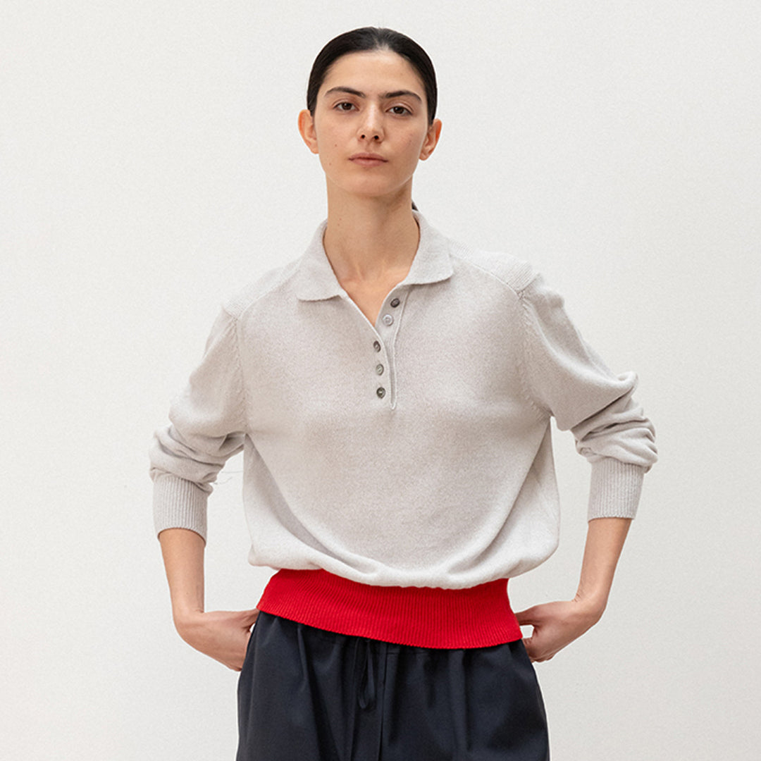 Damen lässiger Strickpullover mit Polokragen und kontrastierendem Bund Drune