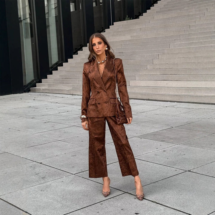 Damen Doppelreihiges Samt-Blazer und Cropped-Hose Co-Ord-Set Drune