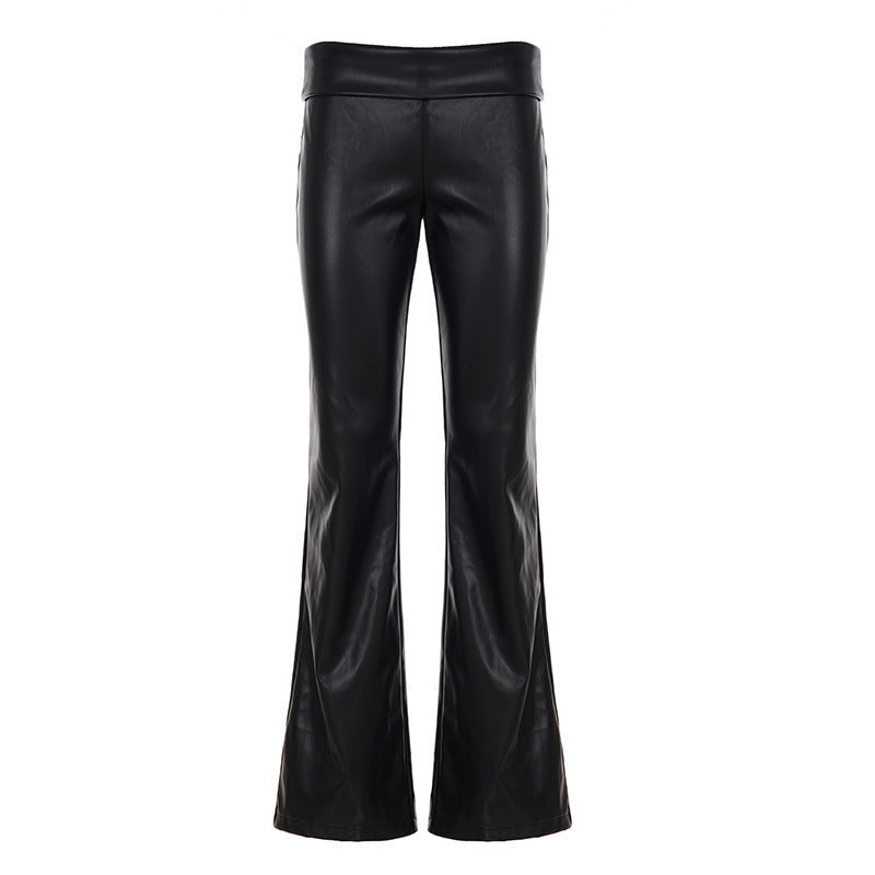 Damen High-Waist Schlaghose aus veganem Leder mit umgeschlagenem Bund Drune