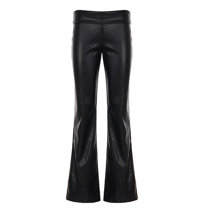Damen High-Waist Schlaghose aus veganem Leder mit umgeschlagenem Bund Drune