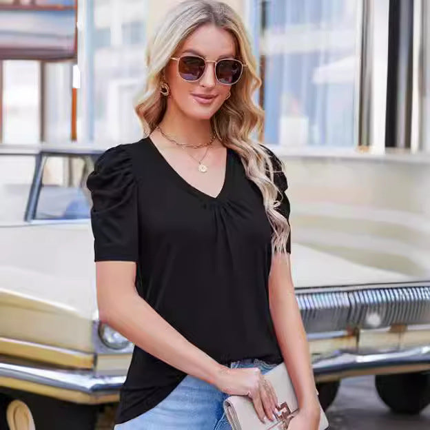 Damen V-Ausschnitt T-Shirt mit Puffärmeln Drune