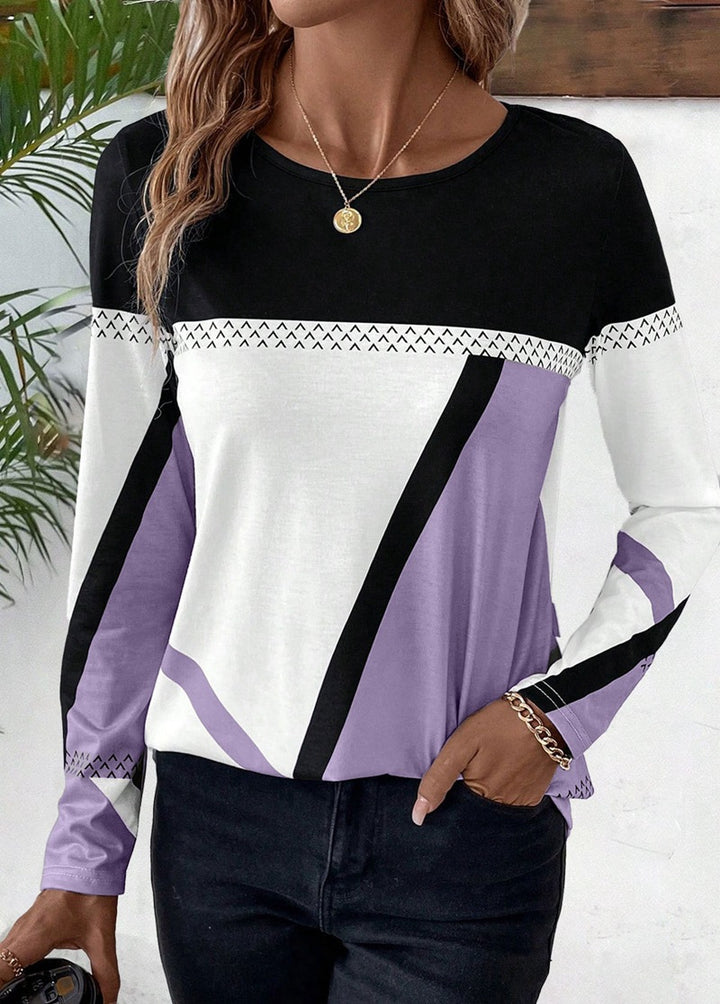Damen Langarmshirt mit geometrischem Blockprint und Rundhalsausschnitt Drune