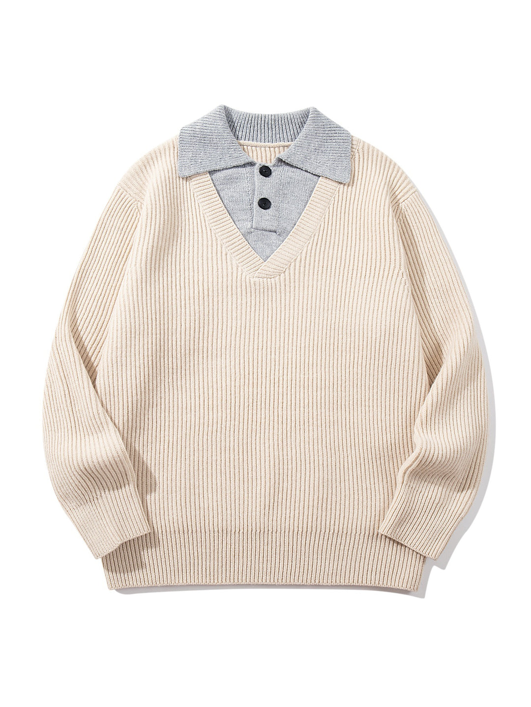 Herren Gerippter Strickpullover mit Polokragen‑Einsatz und tiefem V‑Ausschnitt Drune