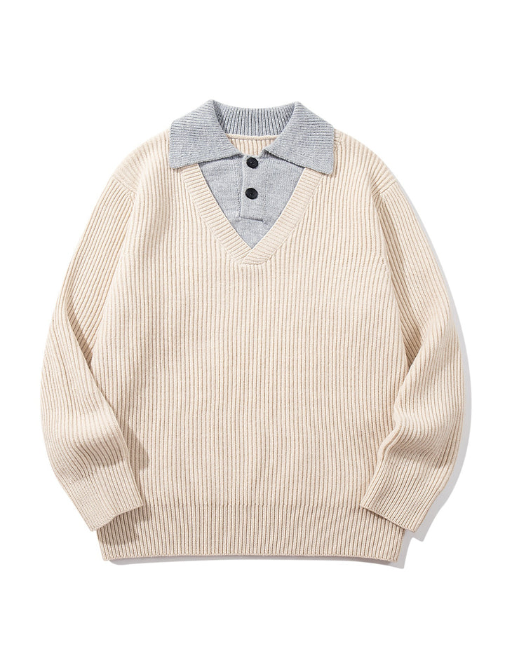 Herren Gerippter Strickpullover mit Polokragen‑Einsatz und tiefem V‑Ausschnitt Drune