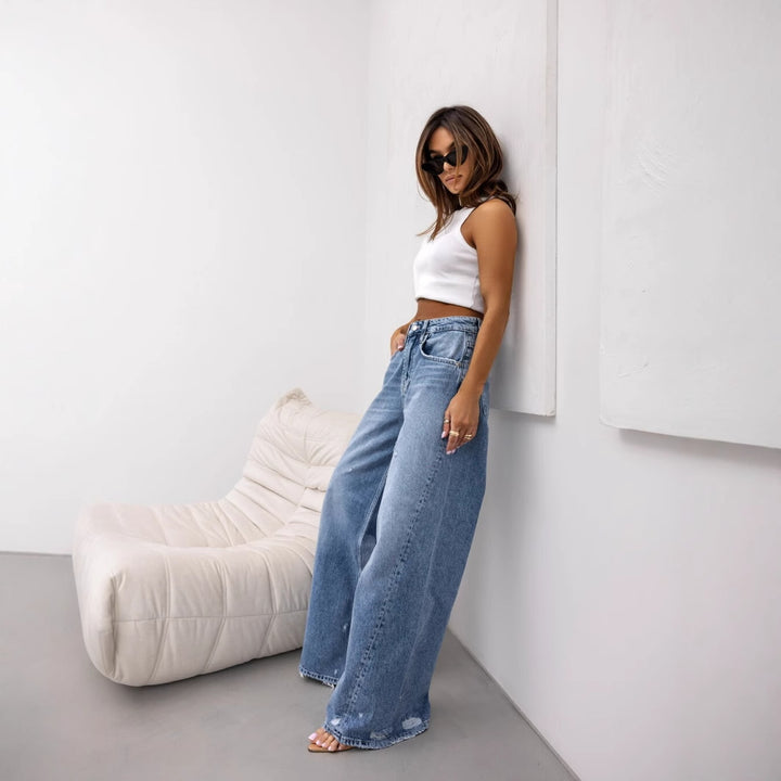 Damen weite High-Waist Jeans mit Distressed-Details Drune