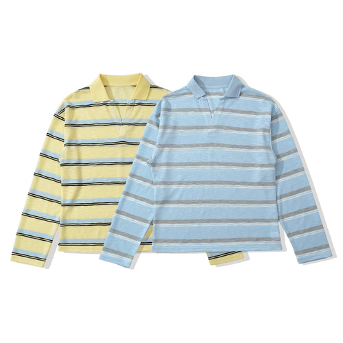 Herren Strick-Poloshirt mit offenem V‑Ausschnitt und feinem Streifenmuster Drune