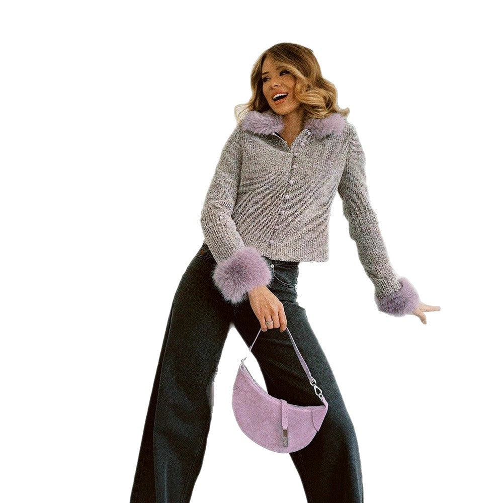 Damen Bouclé‑Jacke mit abnehmbarem Webpelzkragen und Fellmanschetten Drune