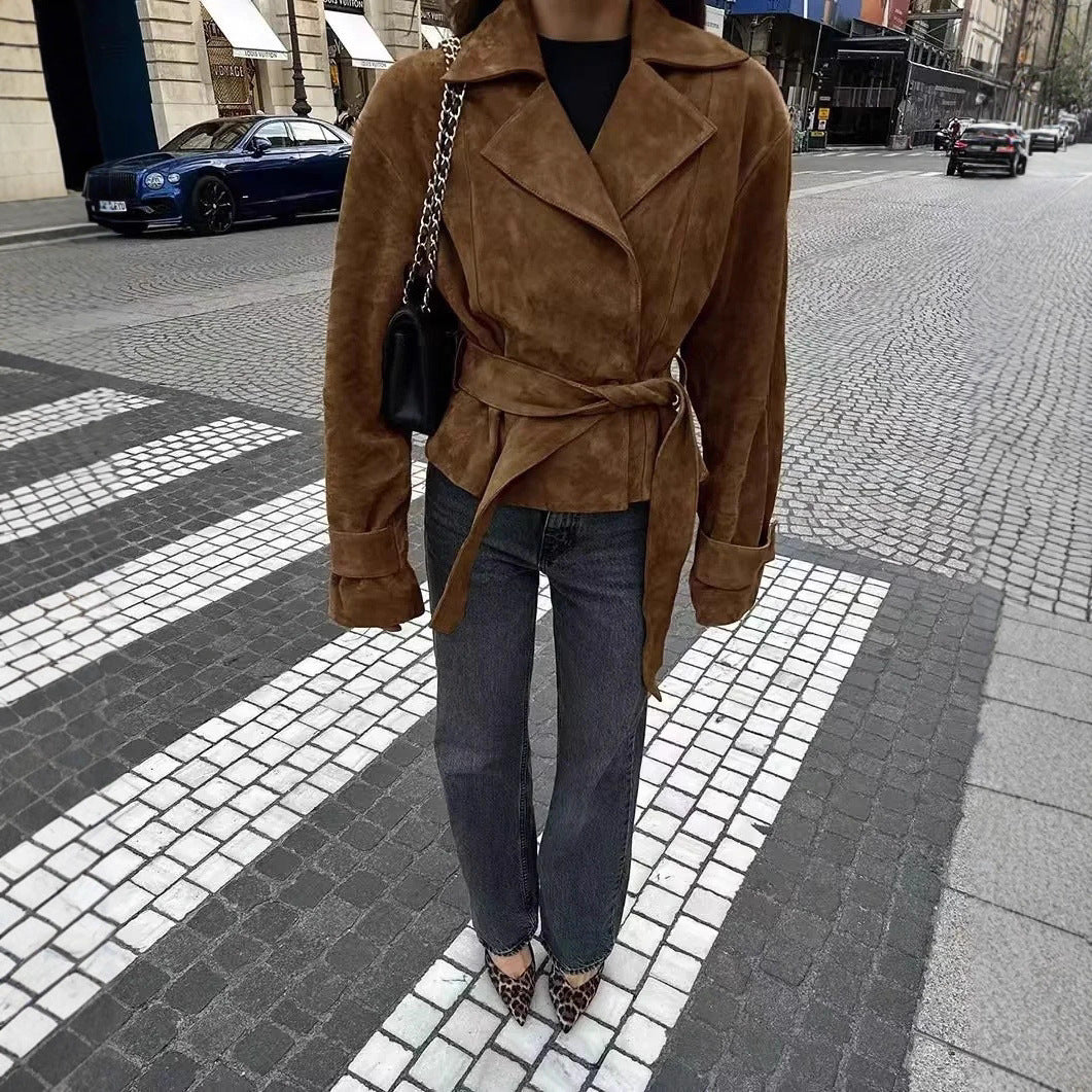 Damen elegante Wildlederjacke mit taillierbarem Gürtel Drune
