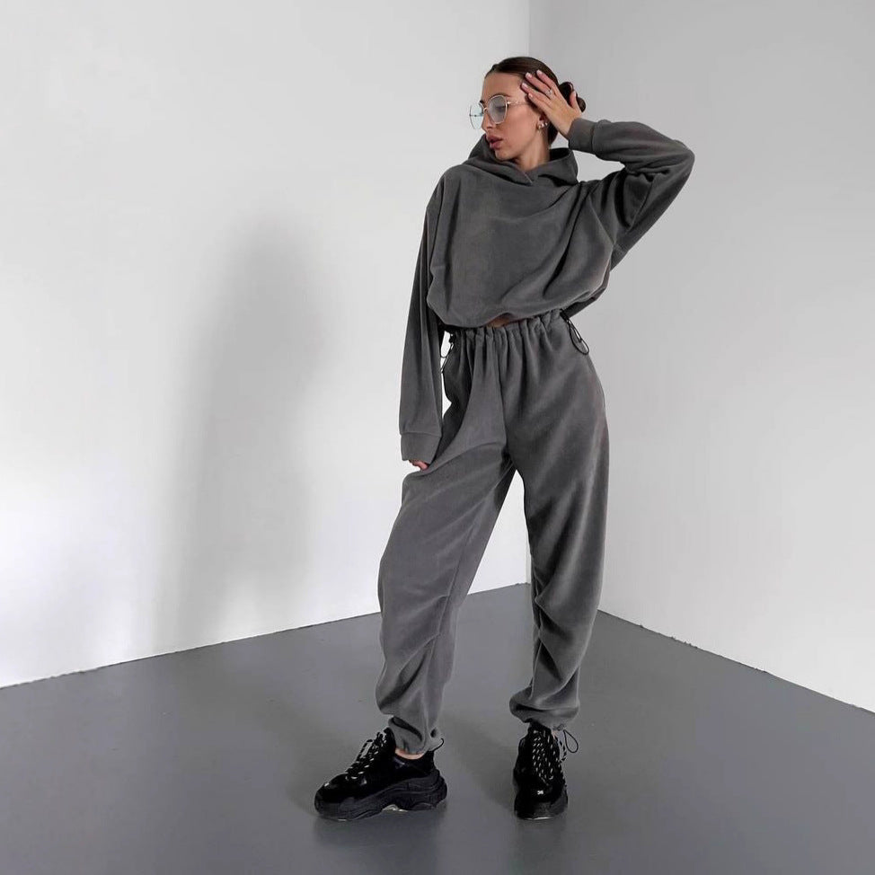 Damen gemütlicher Fleece-Jumpsuit mit Kapuze und elastischem Bund Drune