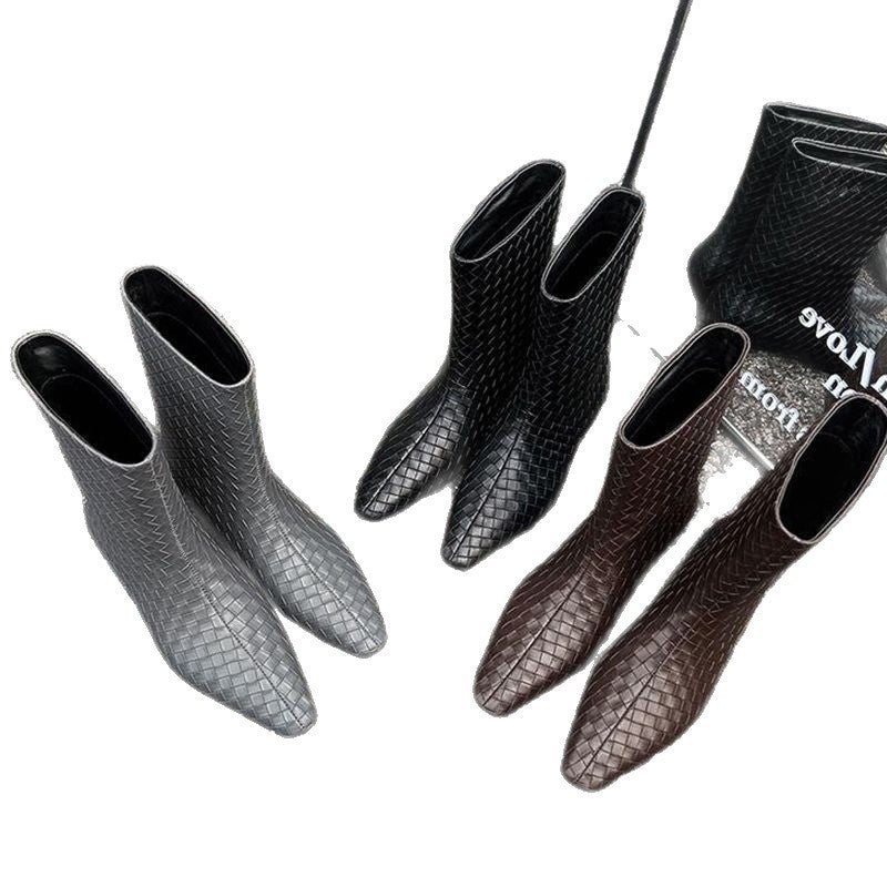 Damen Geflochtene Lederoptik-Midcalf Stiefeletten mit spitzer Zehenform und flachem Absatz Drune