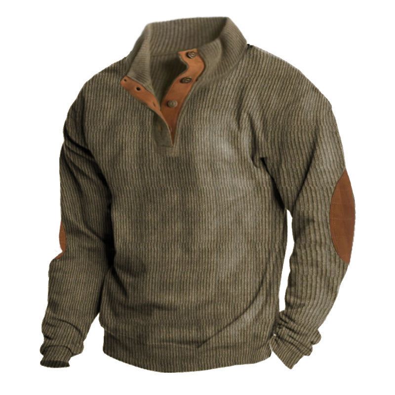 Herren nan grober Rippstrick-Pullover mit Stehkragen, Knopfleiste und markanten Ellenbogenpatches Drune