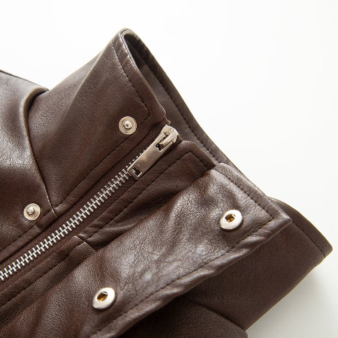 Damen Cropped Lederoptik‑Jacke mit taillierter Korsett‑Teilung und Stehkragen Drune