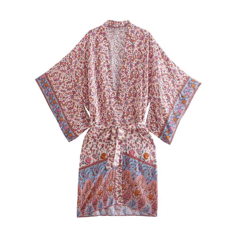 Damen Kurzer Boho-Kimono-Morgenmantel mit Bindegürtel und breiten Kimonoärmeln Drune