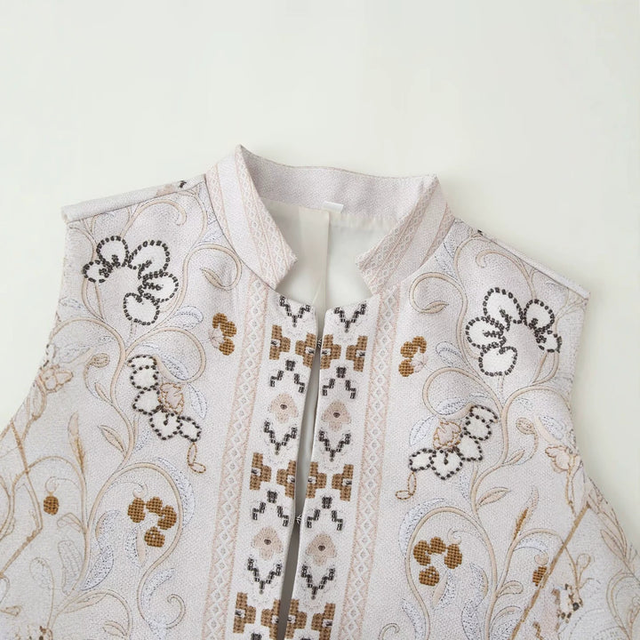 Damen bestickte Kurzjacke mit Mandarinkragen und floraler Ornamentstickerei Drune
