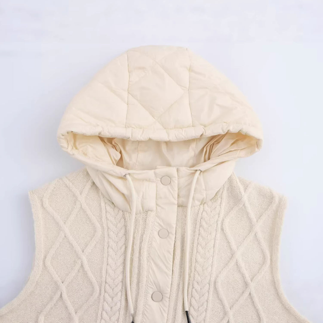 Damen Ärmellose Strickweste mit gesteppter Kapuze und Druckknopfleiste Drune