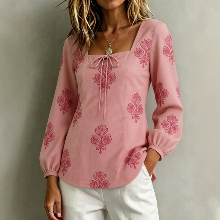 Damen Bestickte Tunika-Bluse mit quadratischem Ausschnitt und femininen Ballonärmeln Drune