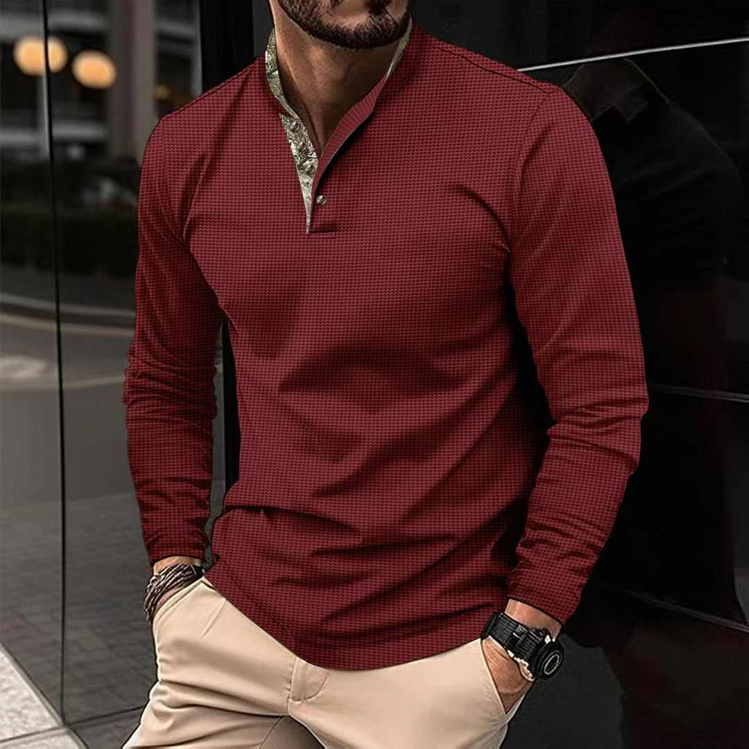 Herren nan langärmliges Henley-Poloshirt mit Stehkragen, feiner Struktur und gemustertem Innenkragen Drune
