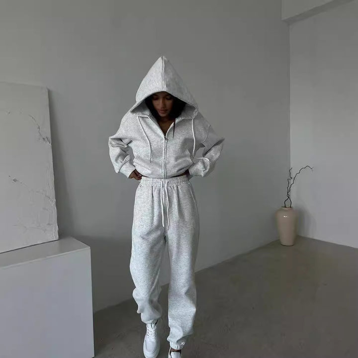 Damen lässiges Kapuzen-Sweatshirt und Jogginghose Set in Oversize-Passform mit Reißverschluss und Kängurutasche Drune