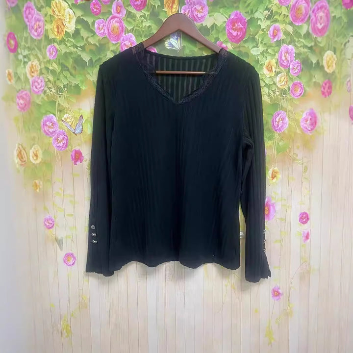 Damen Langarmshirt mit elegantem Spitzenausschnitt und Rippstruktur Drune