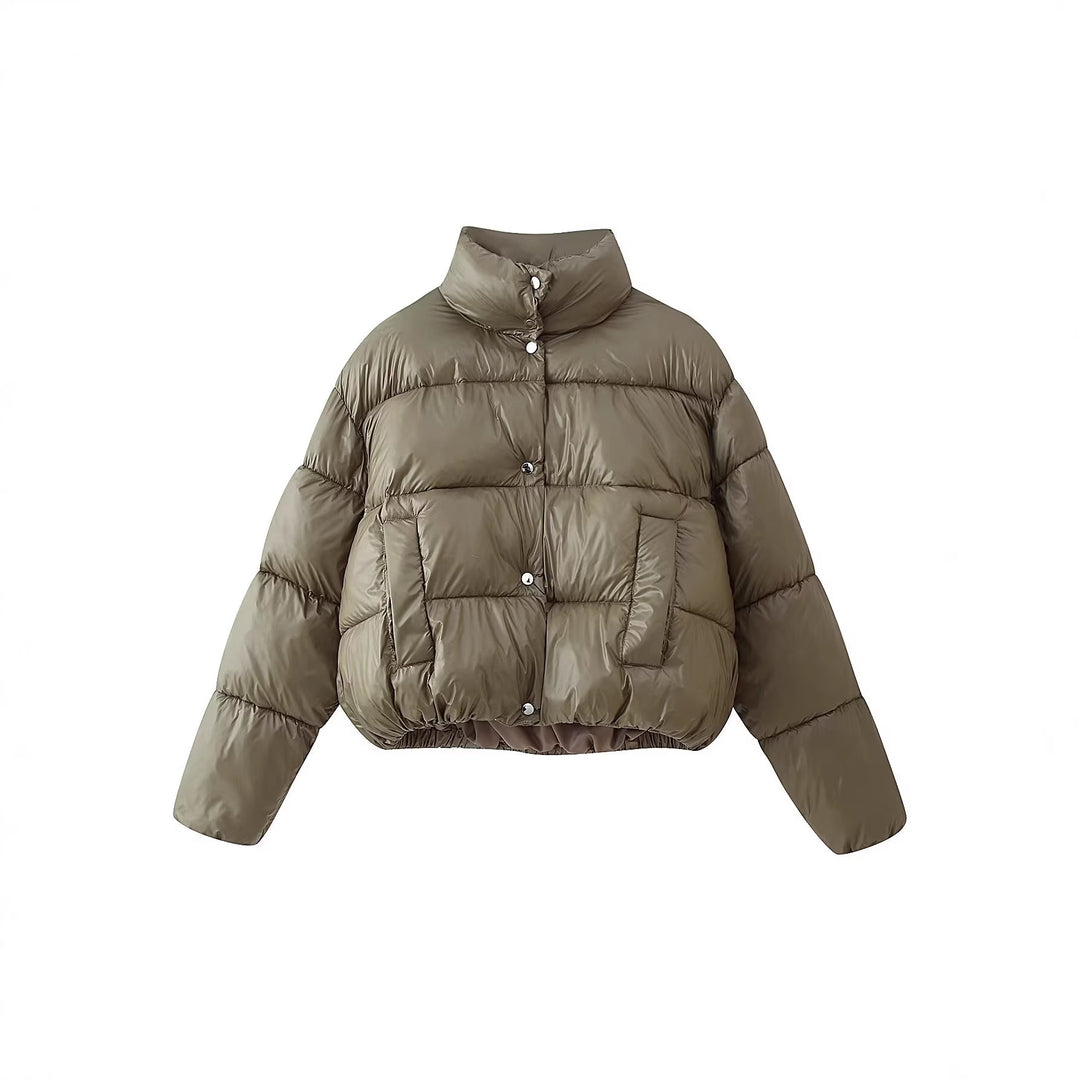 Damen Kurzer wattierter Boxy-Parka mit hohem Stehkragen und Druckknöpfen Drune